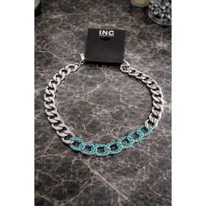 INC Concepts Chunky Chain Statement Necklace Turquoise Stones Silver Chain